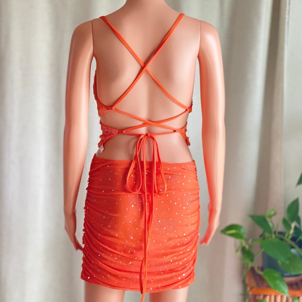Orange Sequin Butterfly Crop Top Ruched Mini Skirt Two Piece Set Euphoria Rave M - Picture 4 of 10